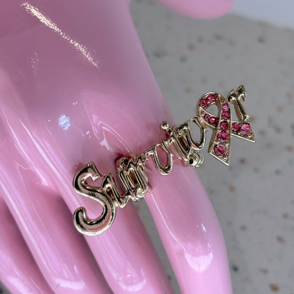 Breast Cancer Survivor Pink Ribbon Jewelry Ring in Gold Tone - Picture 3 of 6